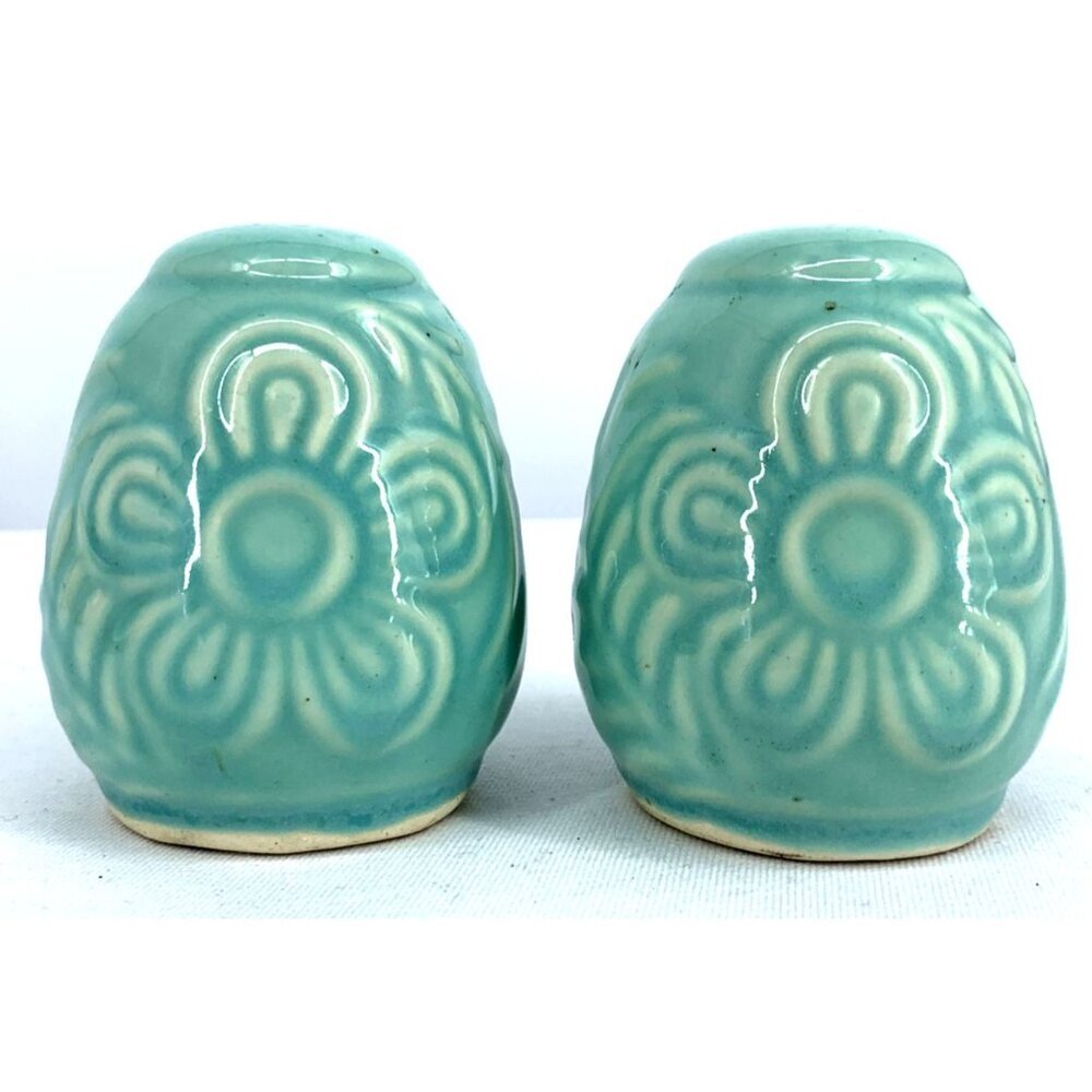 Shawnee Pottery Salt Pepper Shakers Aqua Blue Turquoise Flower Fern 3” Embossed